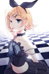  1girl :p absurdres aqua_eyes bad_id blonde_hair bow choker collar corset earrings hair_ornament hair_ribbon hairband hairclip highres jewelry kagamine_rin muni navel one_eye_closed ribbon short_hair skirt solo tongue tongue_out vocaloid wink 