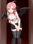  1girl ahoge bat_wings black_legwear blush bra breasts cleavage demon_girl demon_wings dress_shirt female flapping head_wings highres koakuma large_breasts leaning_forward lingerie long_hair miki_purasu open_clothes open_mouth open_shirt pink_bra pink_hair red_eyes redhead shirt skirt sleeves_rolled_up solo the_embodiment_of_scarlet_devil thigh-highs touhou underwear wet wet_clothes white_shirt wings wringing_clothes zettai_ryouiki 