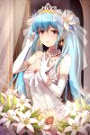  1girl blue_hair breasts dress elbow_gloves flower gilse gloves large_breasts lily_(flower) long_hair lowres luthica_preventer red_eyes solo sparkle sword_girls tiara twintails veil wedding_dress 