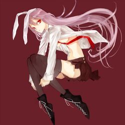  1girl animal_ears bad_id boots breasts brown_legwear cross-laced_footwear dress_shirt female kol49 lace-up_boots lavender_hair leg_hug long_hair medium_breasts necktie no_bra open_clothes open_shirt purple_hair rabbit_ears red_eyes red_necktie reisen_udongein_inaba shirt skinny skirt solo thigh-highs touhou under_boob very_long_hair zettai_ryouiki 