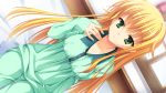  1girl blonde_hair collarbone dutch_angle game_cg green_eyes kanemoto_akari kobuichi long_hair long_sleeves noble_works pajamas solo 