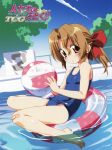  1girl afloat ball bandaid bandaid_on_knee barefoot beachball blue_swimsuit blush bow brown_eyes brown_hair chain-link_fence child condensation_trail copyright_name dutch_angle face feet feet_in_water fence flat_chest from_side hair_bow hayate_no_gotoku! inflatable_toy innertube looking_at_viewer maria_(hayate_no_gotoku!) official_art one-piece_swimsuit outdoors partially_submerged ponytail pool scan school_swimsuit small_breasts soaking_feet solo swimsuit tree tree_shade watanabe_akio water younger 