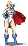  1girl alien blonde_hair blue_boots blue_eyes blue_gloves blue_shoes boots breasts butcha-u cape cleavage cleavage_cutout cutout dc_comics full_body gloves kryptonian large_breasts leotard power_girl red_cape shoes solo 