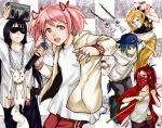  5girls akemi_homura antique_firearm bandanna baseball_cap black_hair blonde_hair blood blue_eyes blue_hair boombox chains contemporary decapitation drill_hair firelock flintlock food gokotan gun hat headless kaname_madoka kyubey long_hair magical_musket mahou_shoujo_madoka_magica mami_mogu_mogu microphone miki_sayaka multiple_girls panties pants pink_eyes pink_hair ponytail red_eyes redhead rifle sakura_kyouko shirt short_hair spoilers striped striped_panties sunglasses sweater taiyaki tattoo tomoe_mami twintails underwear wagashi weapon white_shirt yellow_eyes 