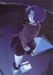  00s 1girl blue_eyes blue_hair ciel dutch_angle from_behind glasses highres jiji lamppost ribbon rooftop short_hair skirt solo source_request tsukihime 