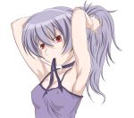  1girl adjusting_hair armpits arms_up choker collarbone darker_than_black derivative_work face female lavender_hair long_hair mouth_hold ponytail red_eyes simple_background solo upper_body white_background yin 