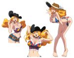  1girl adjusting_hair america american_flag_bikini bikini blonde_hair blue_eyes breasts candy_(harem_ace) cleavage cowboy_hat cutoffs flag_print halter_top halterneck hand_on_knee hand_on_own_knee harem_ace hat highres koutaro large_breasts leaning_forward long_hair midriff navel one_eye_closed open_fly short_shorts shorts swimsuit tank_top thumbs_up unzipped wink 