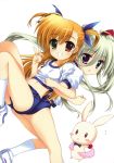  2girls blonde_hair blush buruma einhart_stratos fujima_takuya green_hair grin gym_uniform heterochromia highres long_hair lyrical_nanoha mahou_shoujo_lyrical_nanoha mahou_shoujo_lyrical_nanoha_vivid multiple_girls official_art sacred_heart scan smile twintails v vivio 