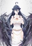  1girl absurdres albedo bare_shoulders black_hair black_wings breasts crossed_fingers demon_girl demon_horns demon_wings deoxysilicic_acid dress gloves hair_between_eyes highres horns large_breasts large_wings long_hair looking_at_viewer open_mouth overlord_(maruyama) short_sleeves simple_background smile solo thigh-highs white_dress white_gloves wings yellow_eyes 