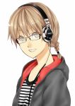  1girl bad_id black_&amp;_white braid brown_eyes brown_hair female glasses headphones hood hoodie kamata_yuuya matching_hair/eyes original shirt shure simple_background smile solo striped striped_shirt two-tone_stripes 