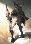  armor ass cape frills helm helmet high_heels horns lagais leotard long_hair looking_back polearm shield shoes thong_leotard weapon 