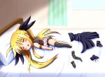  00s asymmetrical_clothes bed blonde_hair blush_stickers boots cape chibi closed_eyes diesel-turbo exhausted fate_testarossa leotard long_hair lyrical_nanoha mahou_shoujo_lyrical_nanoha thigh-highs twintails 
