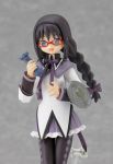  1girl akemi_homura black_hair bomb buckler figma glasses hairband long_hair mahou_shoujo_madoka_magica open_mouth pantyhose photo pipe_bomb red-framed_eyewear red-framed_glasses ribbon shield smile solo thigh-highs twintails violet_eyes weapon 