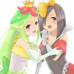  10s 2girls bad_id bisharp black_hair bow breasts cleavage crown dress elbow_gloves embarrassed flower gloves green_hair hair_bow hair_over_one_eye lilligant multiple_girls open_mouth personification pokemon pokemon_(game) pokemon_bw red_eyes ribbon toyosaka yellow_eyes 