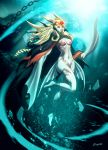  1girl blonde_hair bodypaint braid breasts bubble chains cloak fins fish_girl genzoman monster_girl nude red_eyes sedna_(mythology) solo underwater water 