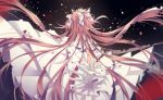  1girl artist_name black_background blurry bow dated dissolving dress floating_hair from_behind gloves goddess_madoka hair_bow kaname_madoka long_hair mahou_shoujo_madoka_magica nodoka_076 outstretched_hand pink_hair solo two_side_up very_long_hair white_bow white_dress white_gloves 