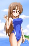  1girl beach breasts brown_hair competition_swimsuit erect_nipples goriate hayate_no_gotoku! long_hair maria_(hayate_no_gotoku!) ocean one-piece_swimsuit one_eye_closed red_eyes smile solo swimsuit wink 