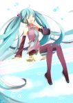  1girl aqua_hair closed_eyes detached_sleeves hatsune_miku heart highres long_hair mgmgkyun musical_note necktie sitting skirt solo thigh-highs twintails very_long_hair vocaloid 