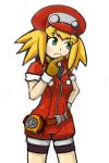  1girl belt bike_shorts blonde_hair blush brown_gloves buttons capcom collared_shirt frown gloves green_eyes hand_on_own_chin hat highres jacket jumpsuit long_hair red_jacket red_shorts rockman rockman_dash rockman_dash_3 roll_caskett romper shirt short_hair shorts sketch smile solo standing utility_belt zipper 
