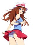  00s 1girl 90s ass blue_(pokemon) blush brown_eyes brown_hair cowboy_shot hat hirosuke hirosuke_(psychexx) long_hair miniskirt panties pantyshot pokemon pokemon_(game) pokemon_frlg pokemon_rgby pokemon_special simple_background skirt solo striped striped_panties tank_top underwear upskirt white_background 