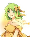  bare_shoulders dress green_eyes green_hair gumi open_mouth ribbon smile vocaloid 