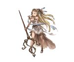  1girl arm_guards armlet bare_shoulders blonde_hair breasts collar dress feathers full_body granblue_fantasy headdress holding jewelry long_hair minaba_hideo petra_(granblue_fantasy) ring sandals simple_background solo staff white_dress yellow_eyes 