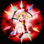  1girl ascot blonde_hair female flandre_scarlet fulea full_moon hat hat_ribbon highres mary_janes moon red_eyes ribbon shoes side_ponytail sitting solo the_embodiment_of_scarlet_devil touhou wings 