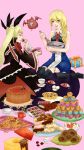  2girls arc_system_works bat blazblue blonde_hair braid cat chocolate chocolate_bar chocolate_heart cookie cupcake doughnut drooling food gii green_eyes heart highres long_hair mixing_bowl multiple_girls nago noel_vermillion pocky rachel_alucard red_eyes thigh-highs twintails whisk 