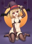  1girl bare_shoulders bat belly bikini blonde_hair breasts fingerless_gloves gloves hair_ornament halloween hat highres kneeling moon no_shoes open_mouth red_eyes ribbon short_hair small_breasts swimsuit thigh-highs witch witch_hat zeshgolden 