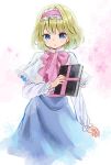  1girl alice_margatroid ama-tou belt blonde_hair blue_eyes blush_stickers book bow capelet eyelashes floral_background frills grimoire grimoire_of_alice hairband highres long_sleeves looking_at_viewer sanpaku short_hair skirt solo touhou tsurime 