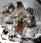  3girls absurdres black_hair blonde_hair bow_(instrument) brown_hair cello dress grand_piano headband hecatoncheir highres instrument multiple_girls music original piano piano_bench short_hair single_shoe sitting sleeveless sleeveless_dress uturo violin 