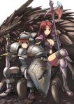  1boy 1girl absurdres armor blonde_hair blood blue_eyes breasts brown_eyes cleavage dragon fantasy full_armor halberd highres knight long_hair original pauldrons polearm poleaxe redhead shield short_hair sitting sword weapon yuugiri 