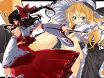  blonde_hair blue_eyes bow brown_eyes brown_hair detached_sleeves female hair_bow hakurei_reimu hat iga_tamaki japanese_clothes kirisame_marisa miko multiple_girls short_hair touhou witch witch_hat 