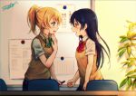  2girls ayase_eli bangs blonde_hair blue_eyes blue_hair blush bow bowtie brown_eyes bulletin_board chair character_name clenched_hands desk green_bow green_bowtie lilylion26 long_hair looking_at_another love_live! love_live!_school_idol_project marker multiple_girls open_mouth plaid plaid_skirt ponytail red_bow red_bowtie school_uniform short_sleeves signature skirt sonoda_umi striped striped_bow striped_bowtie sweatdrop sweater_vest writing_on_hand yuri 