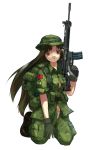  1girl 5.56x45mm_nato army assault_rifle backpack bag boots camouflage canteen digital gloves gun hat long_hair military military_uniform panties rifle simple_background solo t-91 taiwan unbuttoned underwear uniform unzipped weapon white_background 