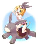  1girl :d bad_id blonde_hair blue_eyes boots casual donkey hair_ornament hairband kagamine_rin open_mouth riding shorts smile solo tougyuu_yukio vocaloid 