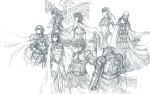  3boys 5girls angel axe beast celestia_lightsworn_angel duel_monster ehren_lightsworn_monk epic furry garoth_lightsworn_warrior highres jain_lightsworn_paladin jenis_lightsworn_mender lance lightsworn lumina_lightsworn_summoner lyla_lightsworn_sorceress monochrome monochromo multiple_boys multiple_girls polearm sketch smile sword weapon wings wolf wulf_lightsworn_beast yu-gi-oh! yuu-gi-ou_duel_monsters 