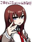  1girl 2ch blue_eyes blush brown_hair chan_co long_hair makise_kurisu meme necktie open_mouth red_necktie ringed_eyes solo steins;gate translated upper_body 