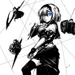  1girl alice_margatroid blonde_hair blue_eyes female fingerless_gloves gloves glowing glowing_eyes monochrome puppet_rings puppet_strings shanghai_doll short_hair solo soubi spot_color string thigh-highs touhou zettai_ryouiki 