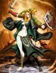  1boy 1girl back-to-back barefoot blonde_hair blue_eyes blue_skin boots front_ponytail genzoman hood link long_hair master_sword md5_mismatch midna midna_(true) nintendo orange_hair pointy_ears shield slender spoilers sword the_legend_of_zelda the_legend_of_zelda:_twilight_princess weapon 