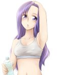  1girl armpits bad_id blush bottle bra breastseyelashes face hands heartcatch_precure! kirei-na-giant kurumi_momoka lingerie long_hair midriff navel precure purple_hair small_breasts solo sports_bra underwear violet_eyes water_bottle yorozumura 