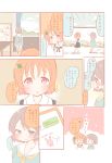  ... 2girls :o ahoge arms_behind_back bangs black_ribbon black_skirt blue_dress blue_eyes blush blush_stickers bow cellphone clover_hair_ornament comic curtains dress hair_bow hair_ornament kneehighs long_sleeves love_live! love_live!_sunshine!! multiple_girls neck_ribbon neckerchief orange_hair phone red_eyes ribbon sailor_dress saku_usako_(rabbit) short_hair skirt smartphone spoken_ellipsis suspender_skirt suspenders table takami_chika translation_request watanabe_you yellow_bow |_| 