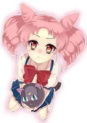  90s bishoujo_senshi_sailor_moon bishoujo_senshi_sailor_moon_r chibi_usa child dress highres kurabayashi long_hair looking_up luna-p pink_hair red_eyes short_twintails suspenders twintails 