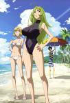  1boy 2girls absurdres beach bikini blonde_hair blue_eyes breasts clouds green_hair highres large_breasts long_legs multiple_girls ocean parasol sand simone_aragon smile star_driver swimsuit tree umbrella 