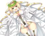  1girl :d beeyan belt blonde_hair breasts bridal_veil cleavage curvy fate/extra fate/extra_ccc fate_(series) gloves green_eyes highres large_breasts leotard open_mouth saber_bride saber_extra simple_background smile solo thigh-highs veil white_background white_gloves white_legwear wide_hips 