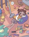  &gt;_&lt; 1girl 1nupool :3 :t ahoge anger_vein backlighting bag_removed bangs bare_legs barefoot blue_shorts blush_stickers book book_stack brown_eyes brown_hair candy closed_mouth controller dot_nose double_bun dutch_angle eating elbow_rest floor food food_in_mouth from_above full_body hair_straightener head_rest highres holding holding_book indoors knees_together_feet_apart legs_apart long_sleeves lying manga_(object) messy_room mouth_hold no_pupils on_floor on_side open_book orange_shirt original out_of_frame plaid plaid_shorts polka_dot polka_dot_legwear raglan_sleeves reading remote_control rug shade shadow shirt shorts slippers snack socks_removed speech_bubble spoken_anger_vein standing stuffed_animal stuffed_cat stuffed_toy t-shirt tareme vacuum_cleaner wavy_mouth white_sleeves wooden_floor x3 