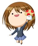  1girl brown_hair chibi female full_body hirasawa_yui k-on! super_mario_bros. mushroom nagisa_k nintendo parody school_uniform simple_background solo style_parody super_mario_bros. super_mushroom yoda_(artist)_(style) 