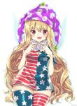  1girl american_flag_dress american_flag_legwear blonde_hair blush breasts cheunes cleavage cleavage_cutout clownpiece dress hat highres jester_cap long_hair naughty_face open_mouth red_eyes short_dress smile solo thigh-highs touhou very_long_hair zettai_ryouiki 