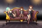  3girls alternate_costume breasts brown_eyes brown_hair cleavage couch dog_tags dress folded_ponytail gloves green_eyes green_hair inazuma_(kantai_collection) kantai_collection kongou_(kantai_collection) legs_crossed long_hair looking_at_viewer multiple_girls petite suzuya_(kantai_collection) thigh-highs yua_(checkmate) 