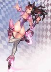  1girl :p animal_ears ass bare_shoulders breasts brown_eyes brown_hair cat_ears checkered checkered_background d.va_(overwatch) facial_mark gun handgun headphones highres hips instant_ip leg_lift leotard long_hair looking_at_viewer one_eye_closed overwatch pistol pointing solo thigh-highs thighs tongue tongue_out weapon white_legwear 